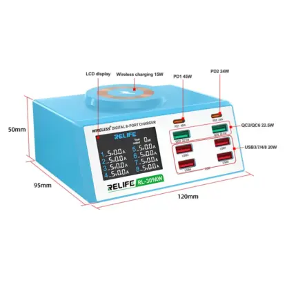 RELIFE RL-309AW-cargador USB Dual QC3.0, dispositivo con pantalla LCD, 8 puertos, para teléfonos móviles, tabletas, portátiles, herramientas inteligentes de carga rápida